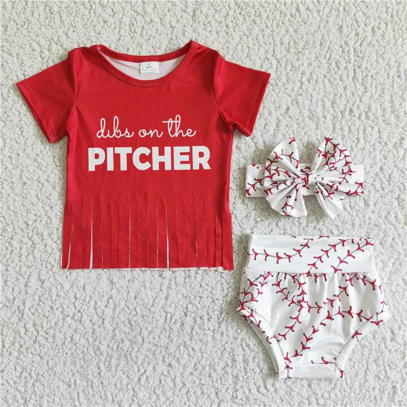 GBO0002  Girls red fringed short-sleeved top and white briefs suit