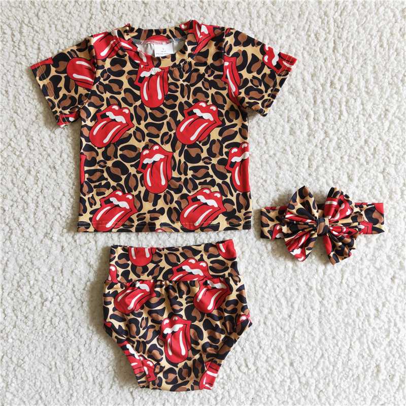 GBO0016  Girls Short Sleeve Leopard Red Tongue Brief Set
