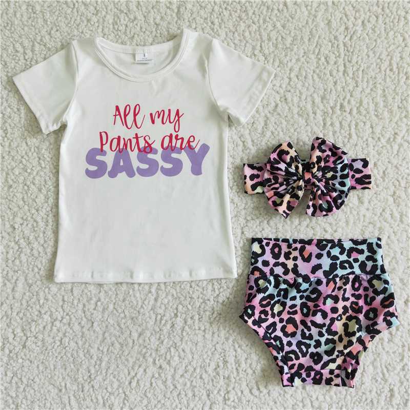 GBO0021  Girls SASSY white short-sleeved colorful leopard briefs set