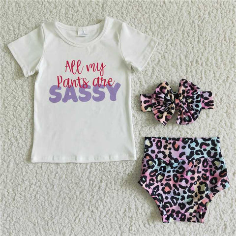 GBO0021  Girls SASSY white short-sleeved colorful leopard briefs set