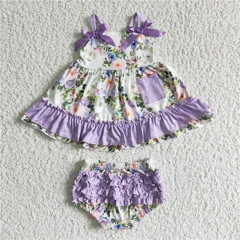GBO0038 Girls Purple Bow Flower Pocket Camisole Brief Set