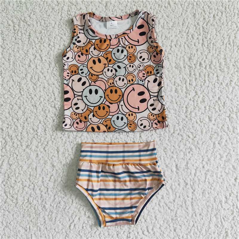 GBO0043  Girls Smiley Sleeveless Striped Brief Set