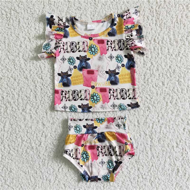 GBO0044  Girls Cow Alphabet Gem Lace Short Sleeve Brief Set