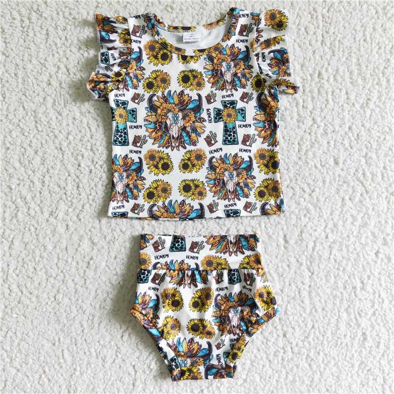 GBO0047   Girls Bull Head Sunflower Short Sleeve Brief Set