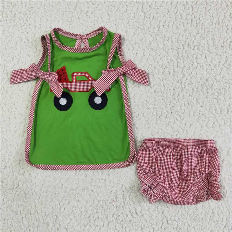 GBO0048  Girls Car Embroidery Green Sleeveless Brief Set