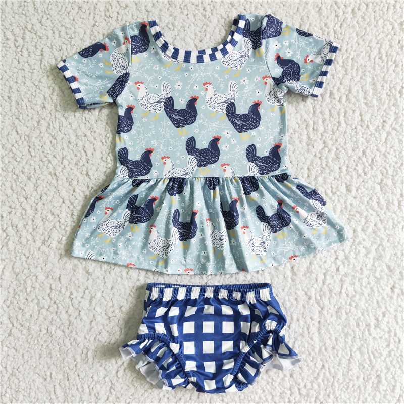 GBO0049 Girls Chicken Print Short Sleeve Blue Plaid Brief Set