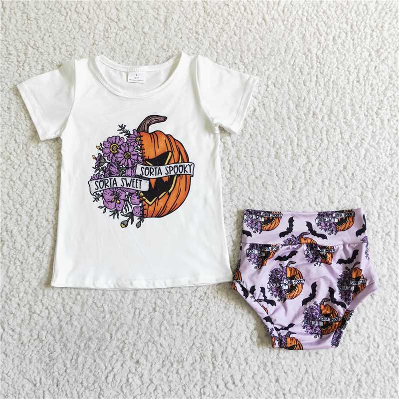 GBO0062 Girls Halloween Pumpkin Blossom Short Sleeve Brief Set