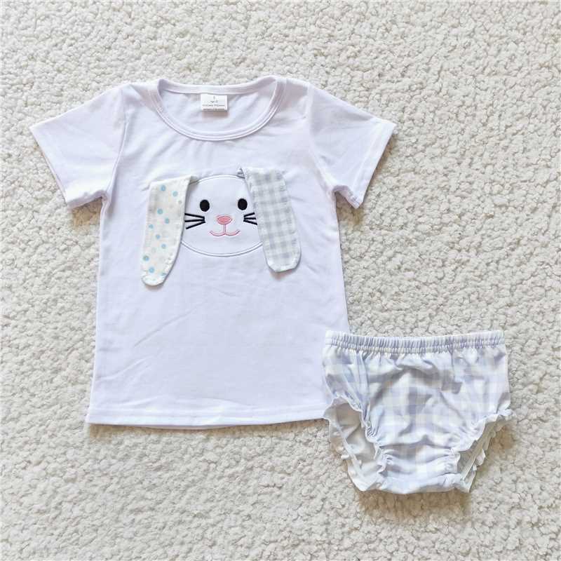 GBO0063   White Embroidered Rabbit Short Sleeve Blue Check Briefs Set