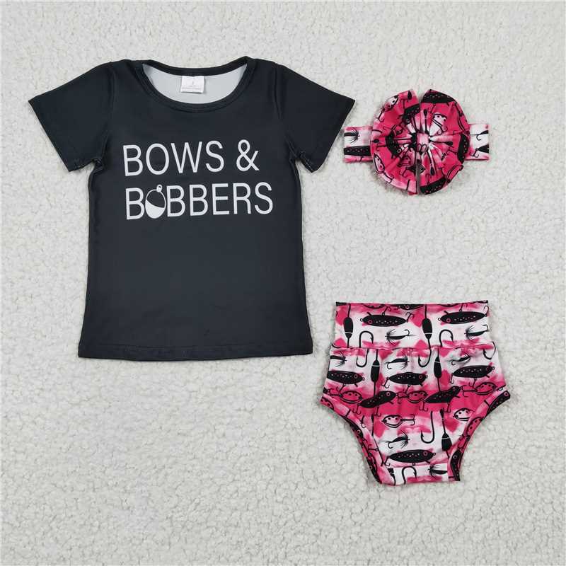 GBO0072  BOWS Fishing Black Short Sleeve Rose Red Brief Set