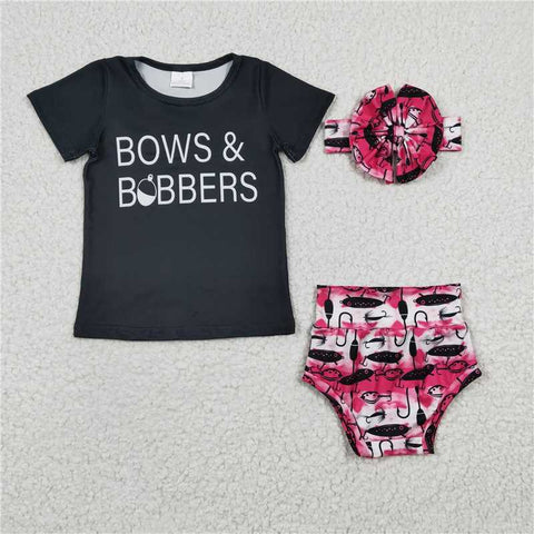GBO0072  BOWS Fishing Black Short Sleeve Rose Red Brief Set