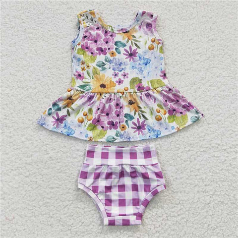 GBO0086   Girls Purple Flower Sleeveless Plaid Brief Set
