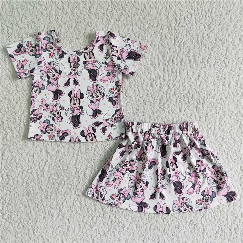 GSD0039   Girls White Cartoon Short Sleeve Skirt Set