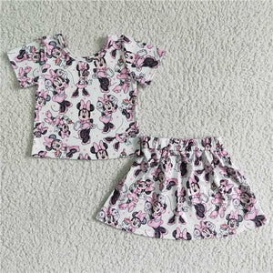 GSD0039   Girls White Cartoon Short Sleeve Skirt Set