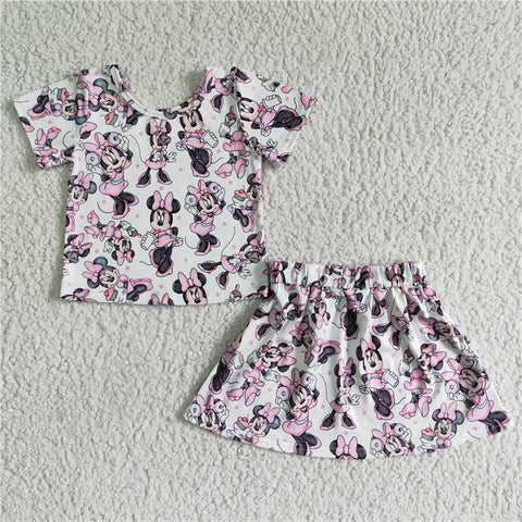 GSD0039   Girls White Cartoon Short Sleeve Skirt Set