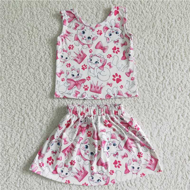 GSD0041   Girl White Cat Butterfly Machine Vest Skirt Set