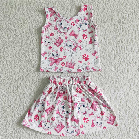 GSD0041   Girl White Cat Butterfly Machine Vest Skirt Set