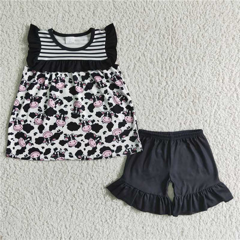 GSD0045   Black Striped Lace Cow Sleeveless Short Set