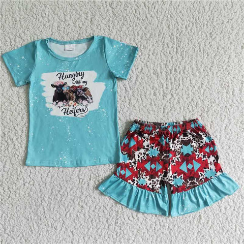 GSD0046   Floral Milk Cow Pattern Green Short Sleeve Shorts Set