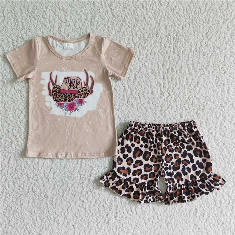 GSD0047   Light Coffee Hat Cartoon Flower Short Sleeve Leopard Lace Shorts Set