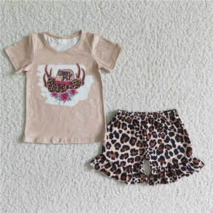 GSD0047   Light Coffee Hat Cartoon Flower Short Sleeve Leopard Lace Shorts Set