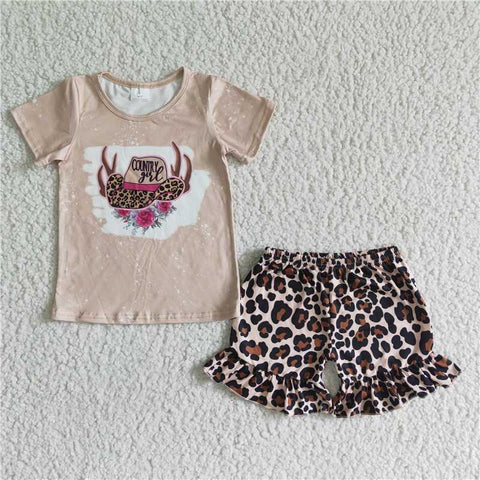 GSD0047   Light Coffee Hat Cartoon Flower Short Sleeve Leopard Lace Shorts Set