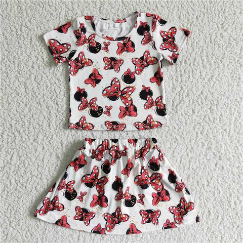 GSD0067   Girls Red Bow Black Polka Dot Short Sleeve Skirt Set
