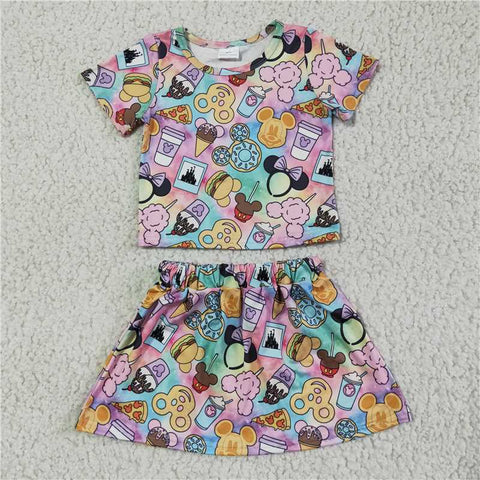 GSD0073   Girl Color Cartoon Short Sleeve Skirt Set