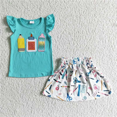 GSD0080   Girls Embroidered Blue Pencil Scissors Flying Sleeve Skirt Set