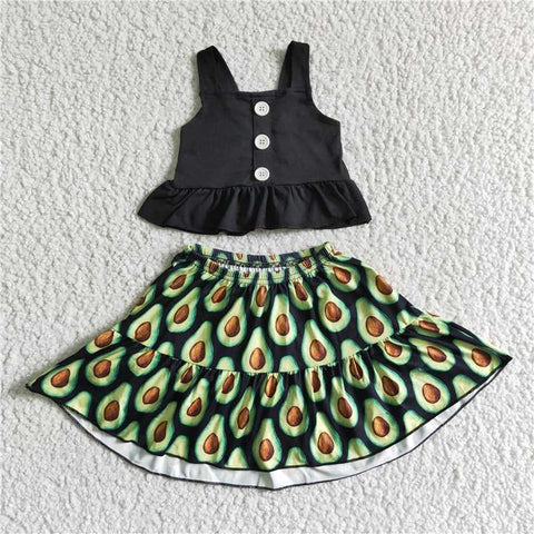 GSD0081   Girls Black Button Vest Avocado Skirt