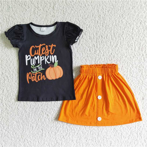 GSD0106   Autumn Pumpkin Black Flying Sleeve Orange Skirt Set