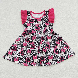 GSD0214 Girls Black Leopard Print Dress with Flying Sleeves
