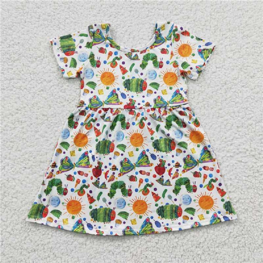 GSD0224   Girls Caterpillar Sun Green Short Sleeve Dress