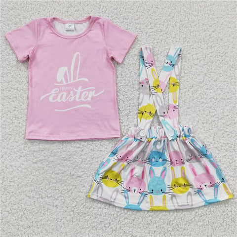 GSD0236   Girls Rabbit Pink Short Sleeve Suspender Dress Set