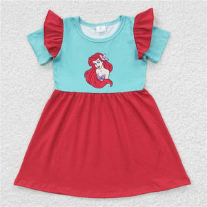 GSD0250   Girls Disney Princess Green Red Short Sleeve Dress