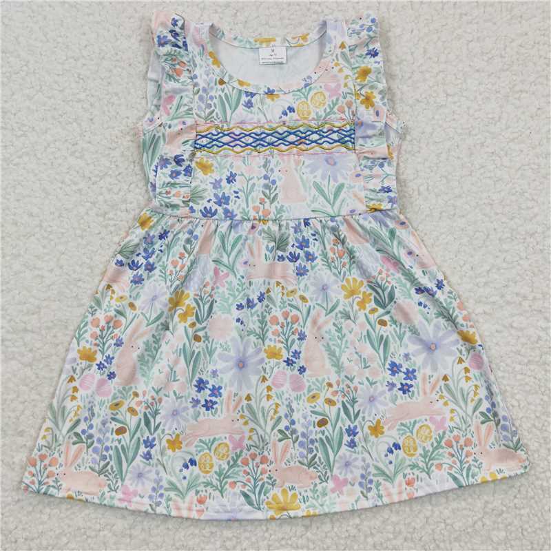 GSD0272  Girls Embroidered Rabbit Flower Blue Dress with Flying Sleeves