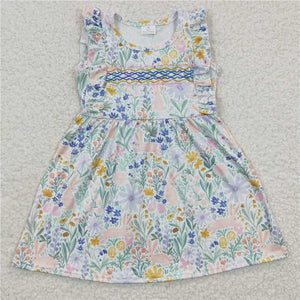 GSD0272  Girls Embroidered Rabbit Flower Blue Dress with Flying Sleeves