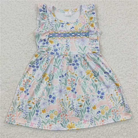 GSD0272  Girls Embroidered Rabbit Flower Blue Dress with Flying Sleeves