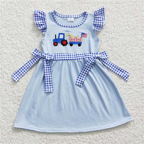 GSD0279   National Day Embroidered Car Dog Blue Dress with Flying Sleeves