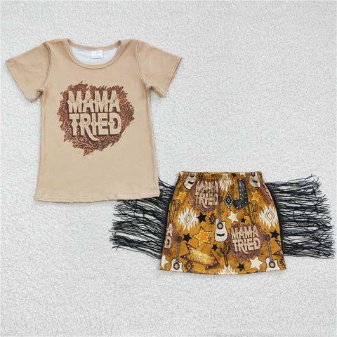 GSD0286   Girls MAMA TRIED SS Fringed Shorts Set