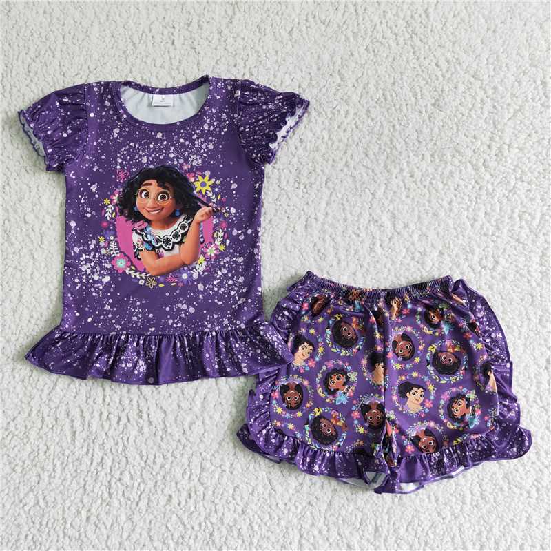 GSSO0003 Girls Dark Purple Tie Dye Short Sleeve Shorts Set