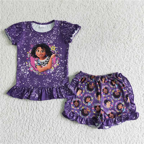 GSSO0003 Girls Dark Purple Tie Dye Short Sleeve Shorts Set