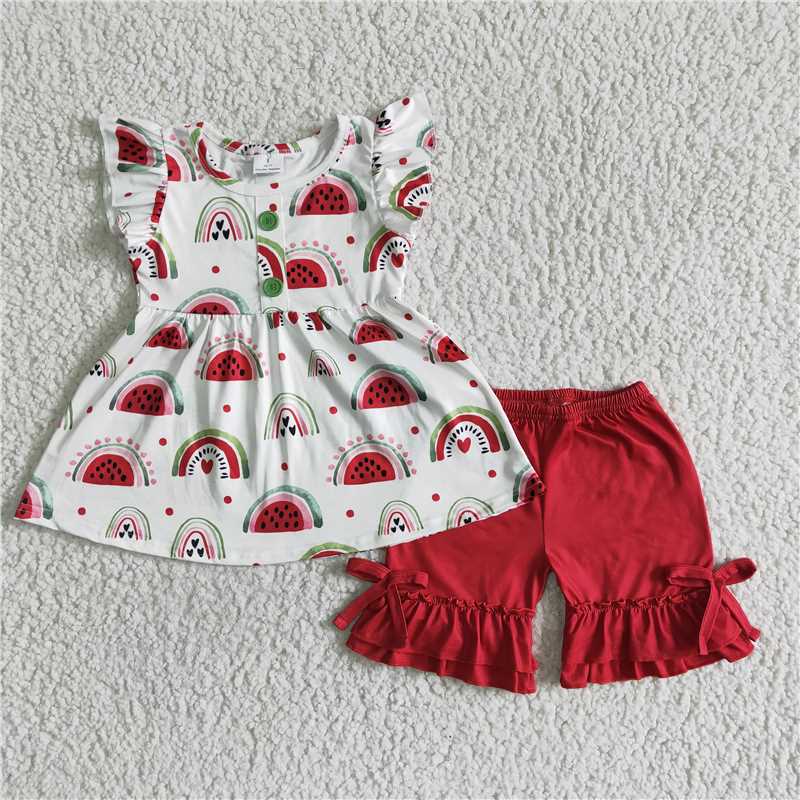 GSSO0005   Watermelon Flying Sleeve Top Red Shorts Set