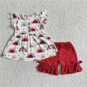 GSSO0005   Watermelon Flying Sleeve Top Red Shorts Set