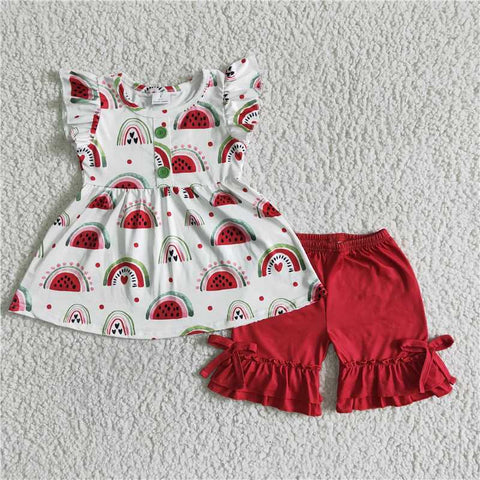 GSSO0005   Watermelon Flying Sleeve Top Red Shorts Set