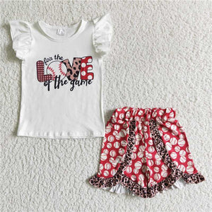 GSSO0008 Girls White Flying Sleeve Short Sleeve Red Leopard Print Shorts Set