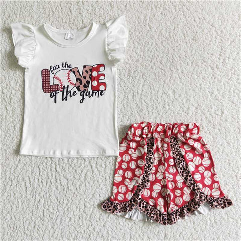 GSSO0008 Girls White Flying Sleeve Short Sleeve Red Leopard Print Shorts Set