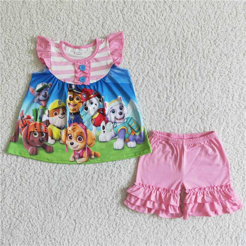 GSSO0010  Girl Cute Puppy Pink Striped Flying Sleeve Top Shorts Set