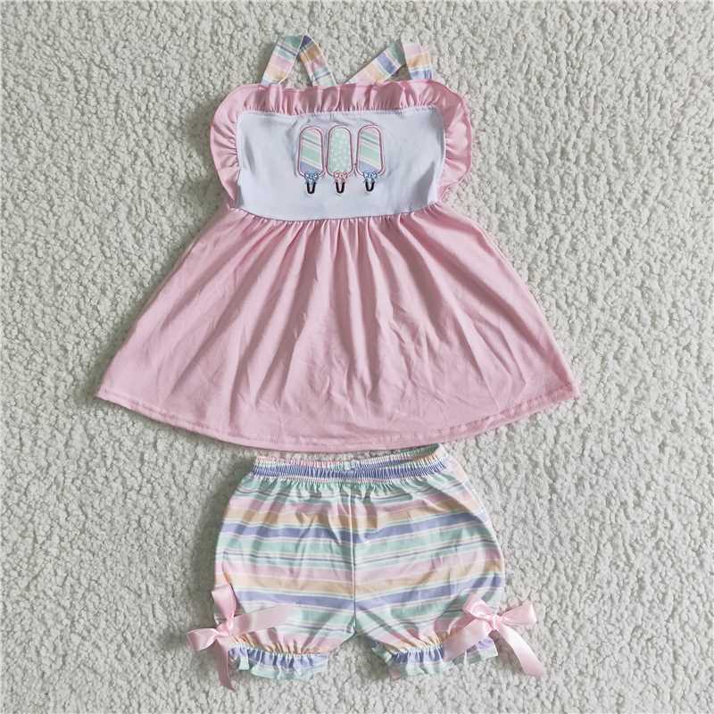 GSSO0012   Embroidered Pink Ice Cream Tank Top Bow Knot Shorts Set