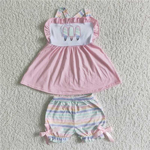 GSSO0012   Embroidered Pink Ice Cream Tank Top Bow Knot Shorts Set