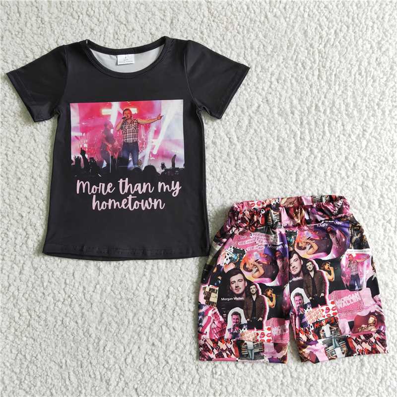 GSSO0013 Girls Black Short Sleeve Top Picture Print Shorts Set